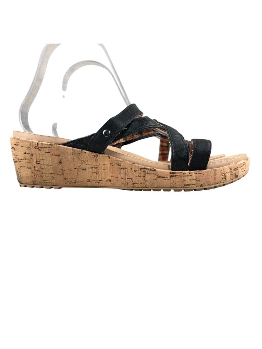 Crocs Women's Size 9 A-Leigh Mini Cork Wedge Black Leather Slip On Sandals